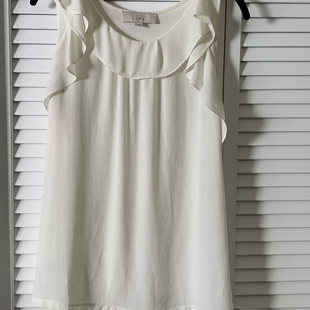 Loft Mixed Fabric Sleeveless Cream Ruffle Blouse